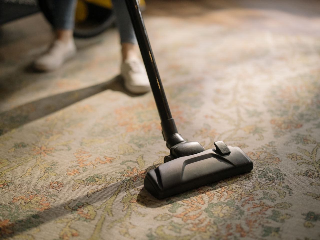 services-02 Close-up of a vacuum cleaner on a patterned carpet in a sunlit room, capturing a moment of household cleaning.